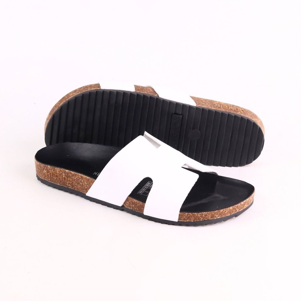 Dép đế trấu birken quai ngang chữ H MẶT ĐEN da bò HISHOO M095