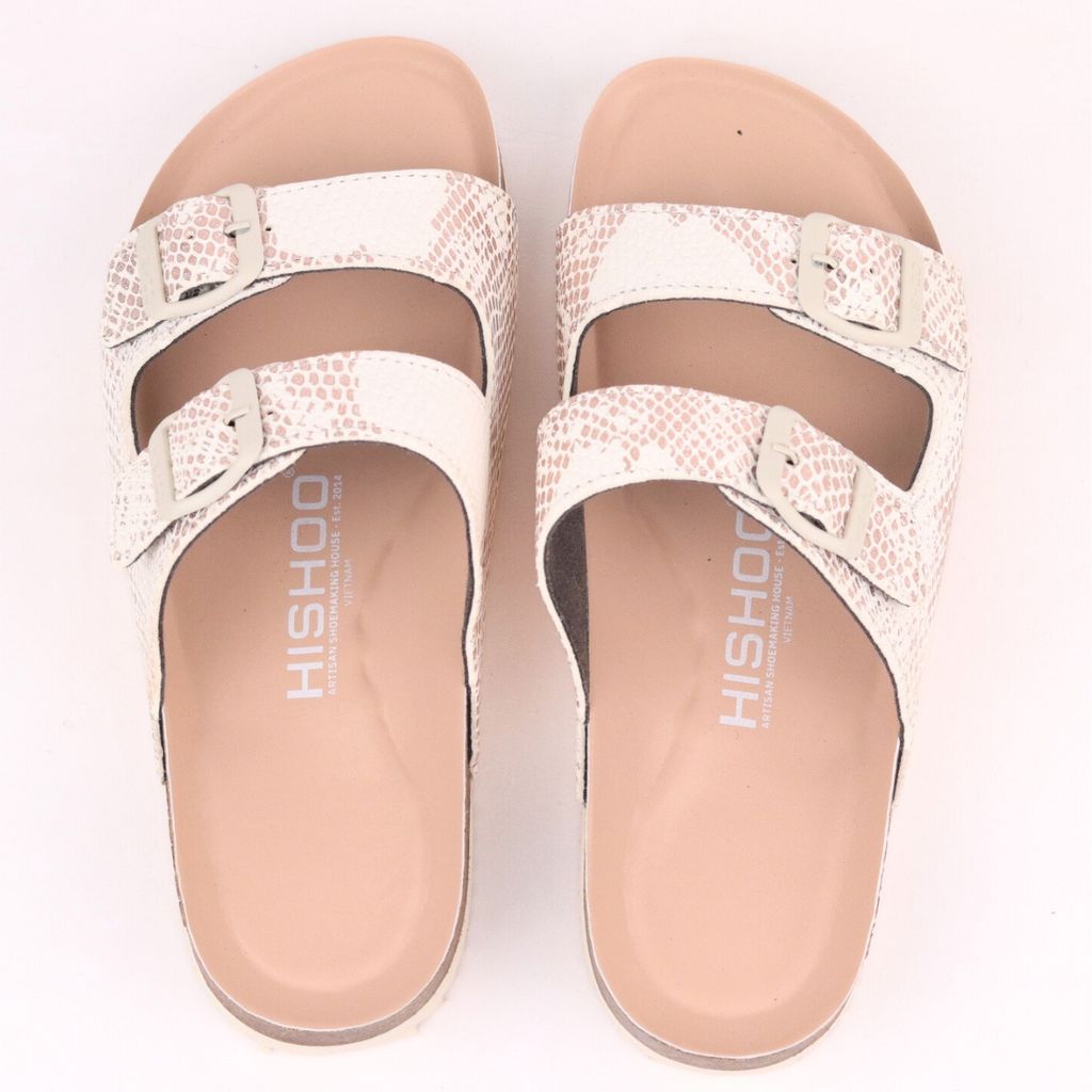 Dép đế trấu birken 2 khoá Kem Vân Rắn premium HISHOO B093