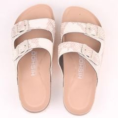 Dép đế trấu birken 2 khoá Kem Vân Rắn premium HISHOO B093