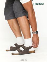 Dép đế trấu Sandal birken quai ngang 2 khoá da bò HISHOO M102