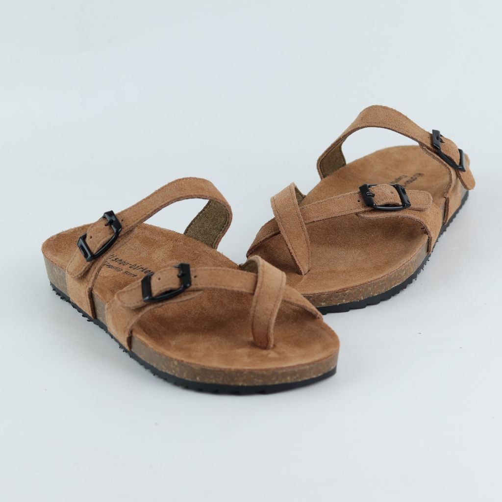 Dép đế trấu birken xỏ ngón 2 khoá da lộn HISHOO R098
