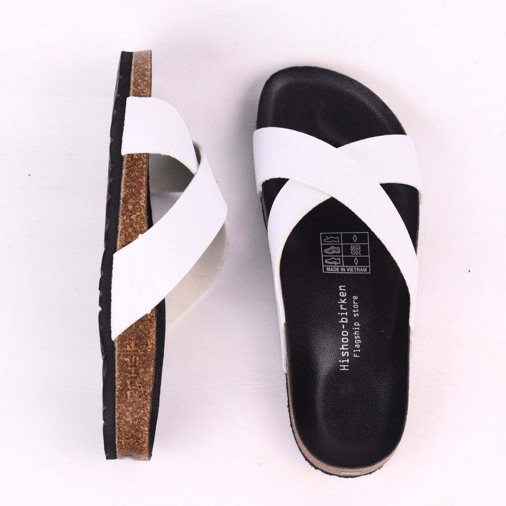 Dép đế trấu birken quai ngang chéo MẶT ĐEN HISHOO S096