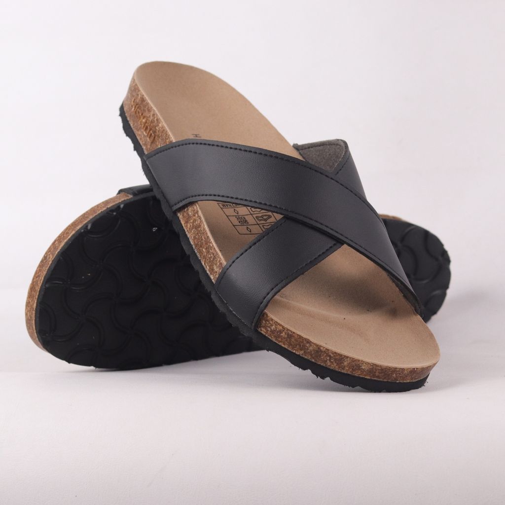 Dép đế trấu birken quai ngang chéo MẶT ĐEN da bò HISHOO M096