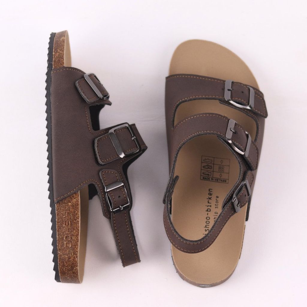 Dép đế trấu Sandal birken quai ngang 2 khoá da bò HISHOO M102