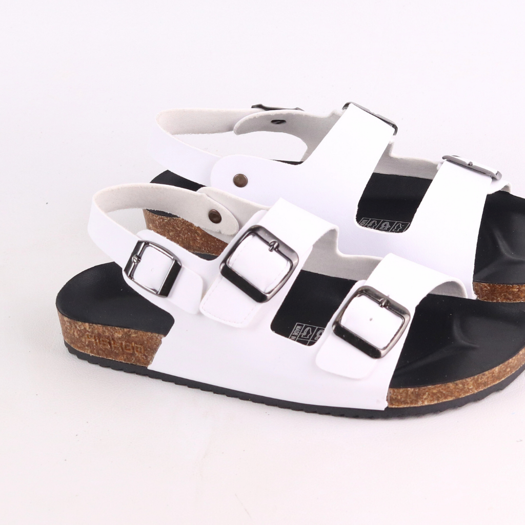 Dép đế trấu Sandal birken 2 khoá da PU mặt đen HISHOO S102