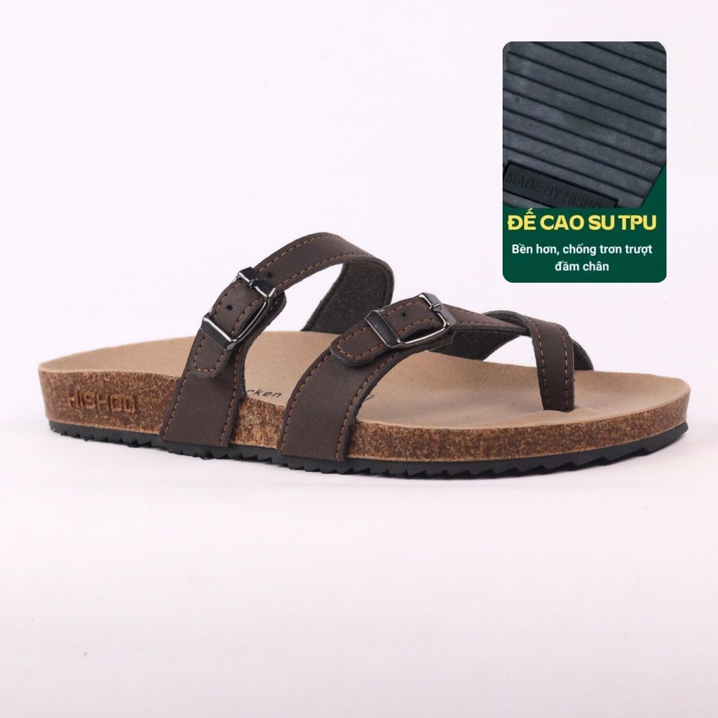 Dép đế trấu birken quai ngang xỏ ngón MẶT ĐEN da bò HISHOO M098