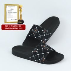 Dép quai ngang da bò lộn Đen+Xanh Dương Gấu Bí Lù Monogram HISHOO U113