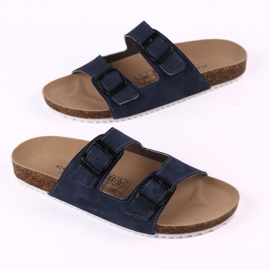 Dép đế trấu birken quai ngang 2 khoá da lộn HISHOO R093