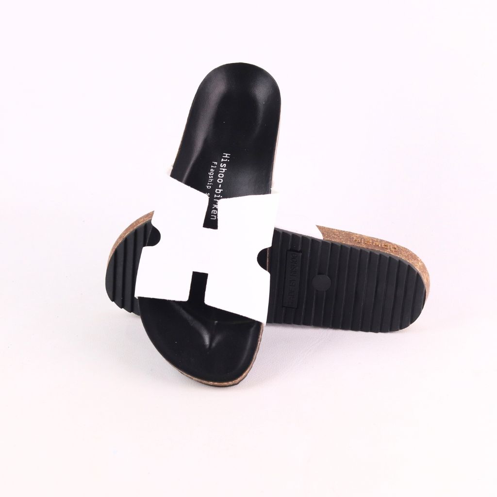 Dép đế trấu birken quai ngang chữ H MẶT ĐEN da bò HISHOO M095