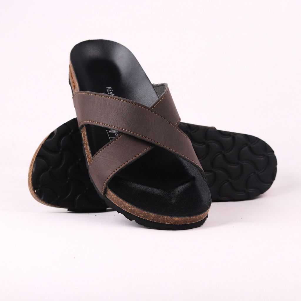 Dép đế trấu birken quai ngang chéo MẶT ĐEN da bò HISHOO M096