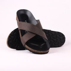 Dép đế trấu birken quai ngang chéo MẶT ĐEN da bò HISHOO M096