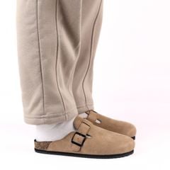 Dép đế trấu sục Boston Xám/ Kem/Bò quai ngang da lộn HISHOO R109