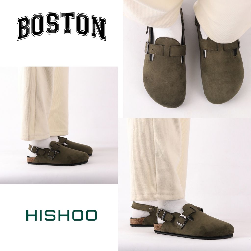 Dép đế trấu Sandal sục Boston Sandal quai ngang Rêu Olive da lộn HISHOO R111