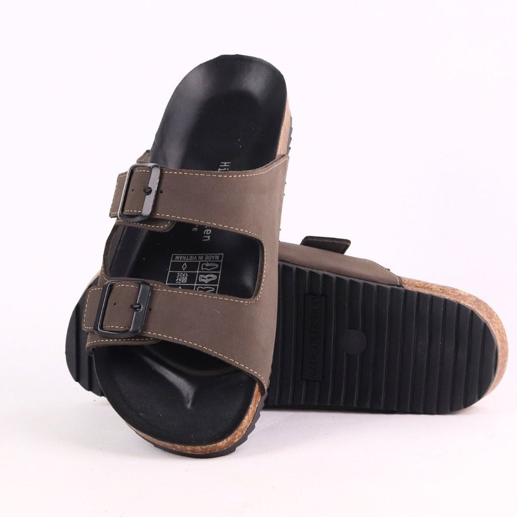 Dép đế trấu birken quai ngang 2 khoá MẶT ĐEN da bò HISHOO M093