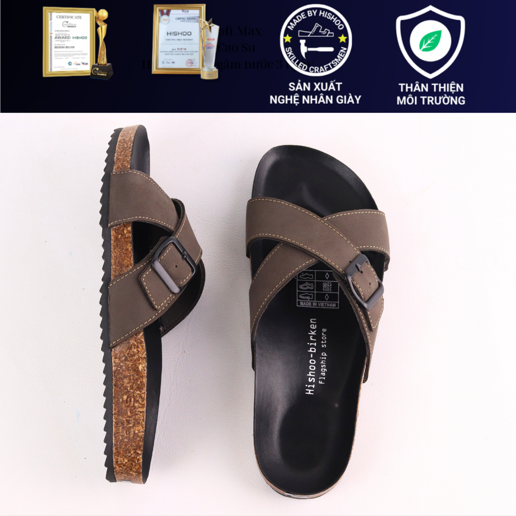 Dép đế trấu birken quai ngang chéo da bò [CÓ KHOÁ] HISHOO M096