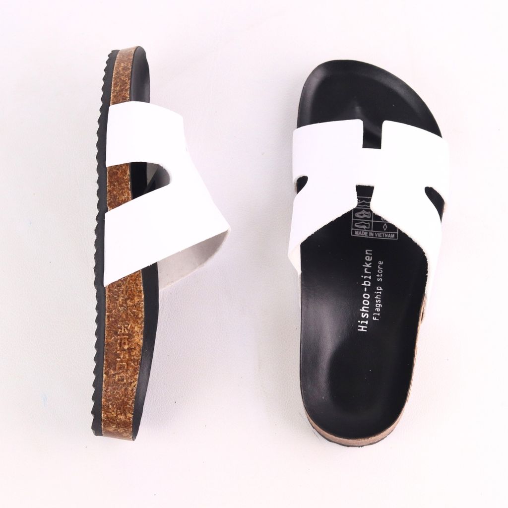 Dép đế trấu birken quai ngang chữ H MẶT ĐEN da bò HISHOO M095