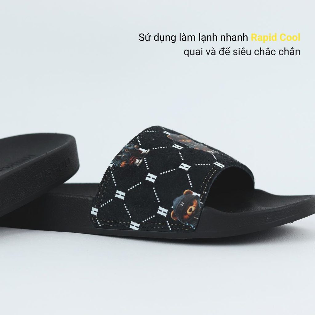 Dép quai ngang da bò lộn Đen+Xanh Dương Gấu Bí Lù Monogram HISHOO U113