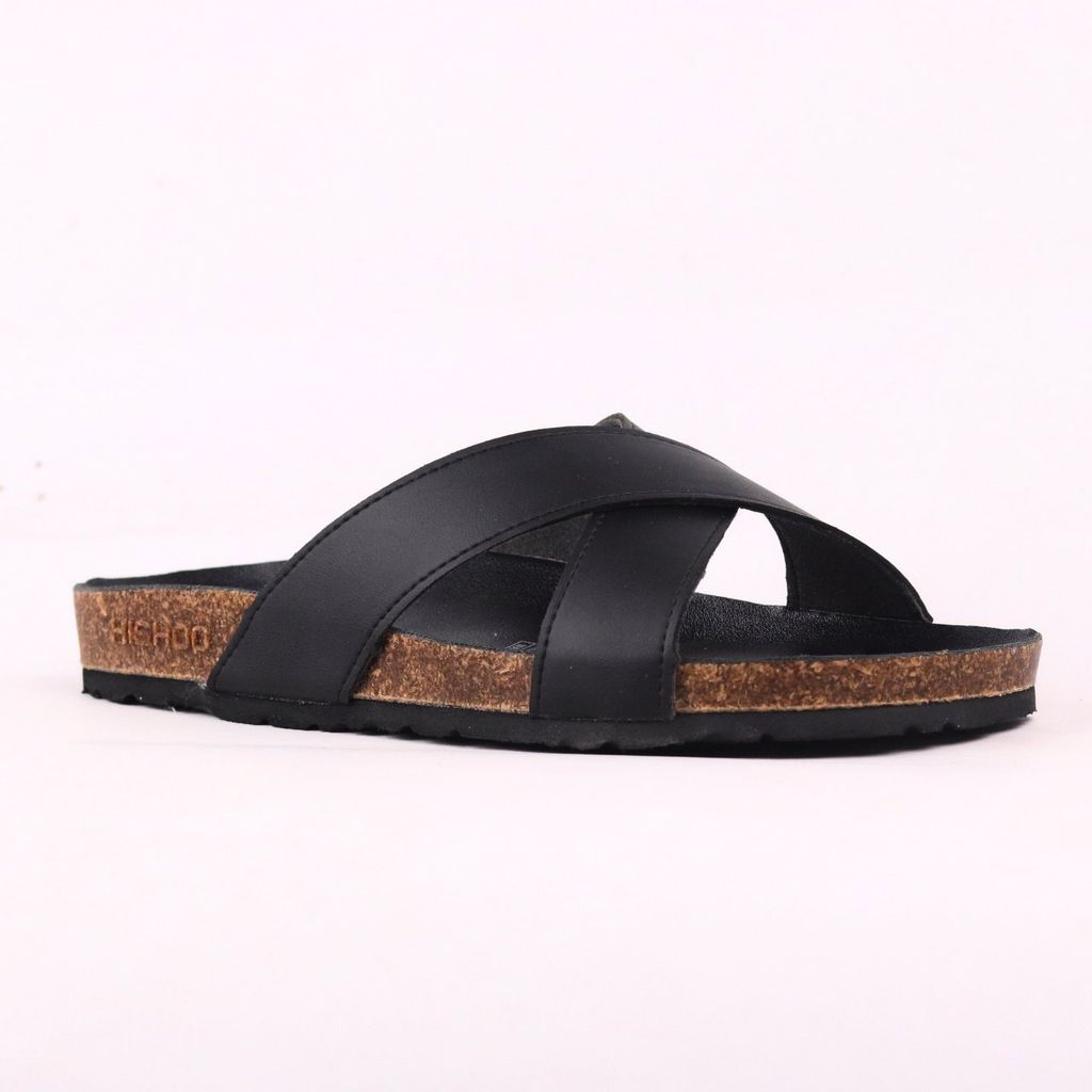 Dép đế trấu birken quai ngang chéo MẶT ĐEN da bò HISHOO M096