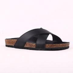 Dép đế trấu birken quai ngang chéo MẶT ĐEN da bò HISHOO M096