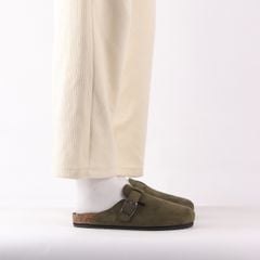 Dép đế trấu sục Boston quai ngang Rêu Olive da lộn  HISHOO R109