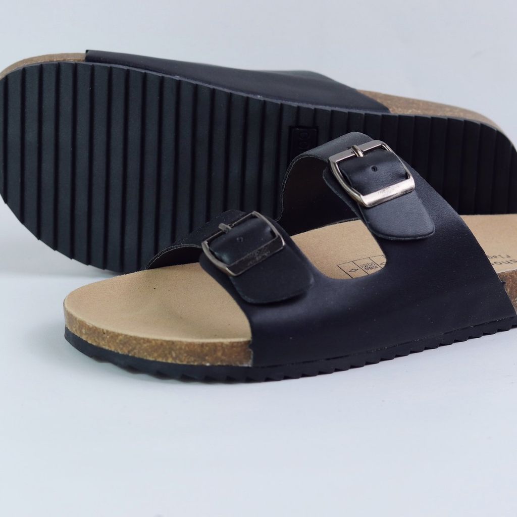 Dép đế trấu birken quai ngang 2 khoá MẶT ĐEN HISHOO S093