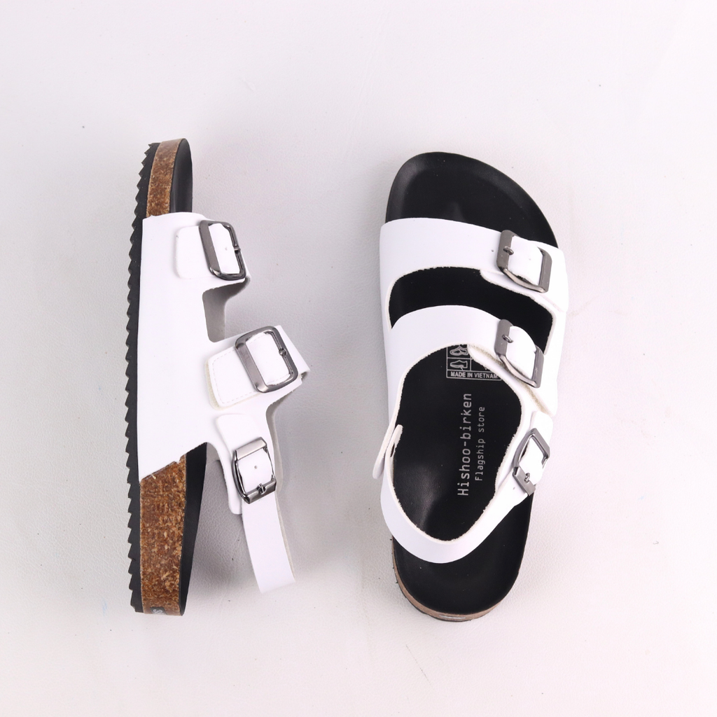 Dép đế trấu Sandal birken 2 khoá da PU mặt đen HISHOO S102