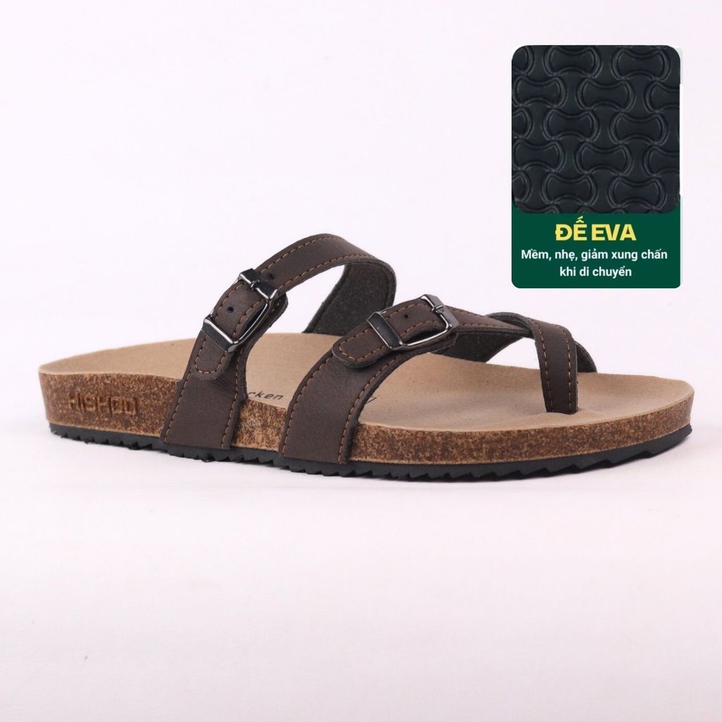 Dép đế trấu birken quai ngang xỏ ngón MẶT ĐEN da bò HISHOO M098