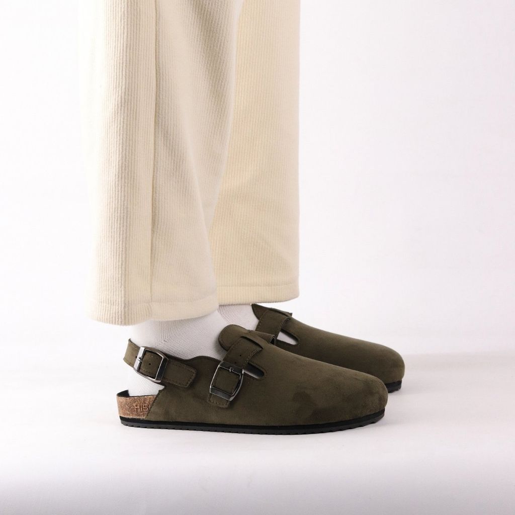 Dép đế trấu Sandal sục Boston Sandal quai ngang Rêu Olive da lộn HISHOO R111