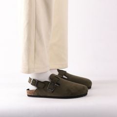 Dép đế trấu Sandal sục Boston Sandal quai ngang Rêu Olive da lộn HISHOO R111