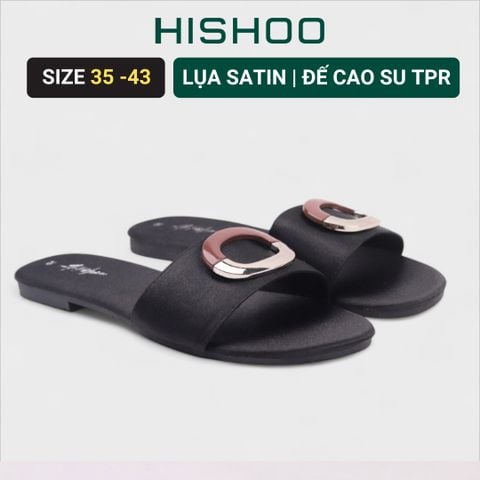 Dép lê nữ quai ngang đính khoá bạc nâu HISHOO S122