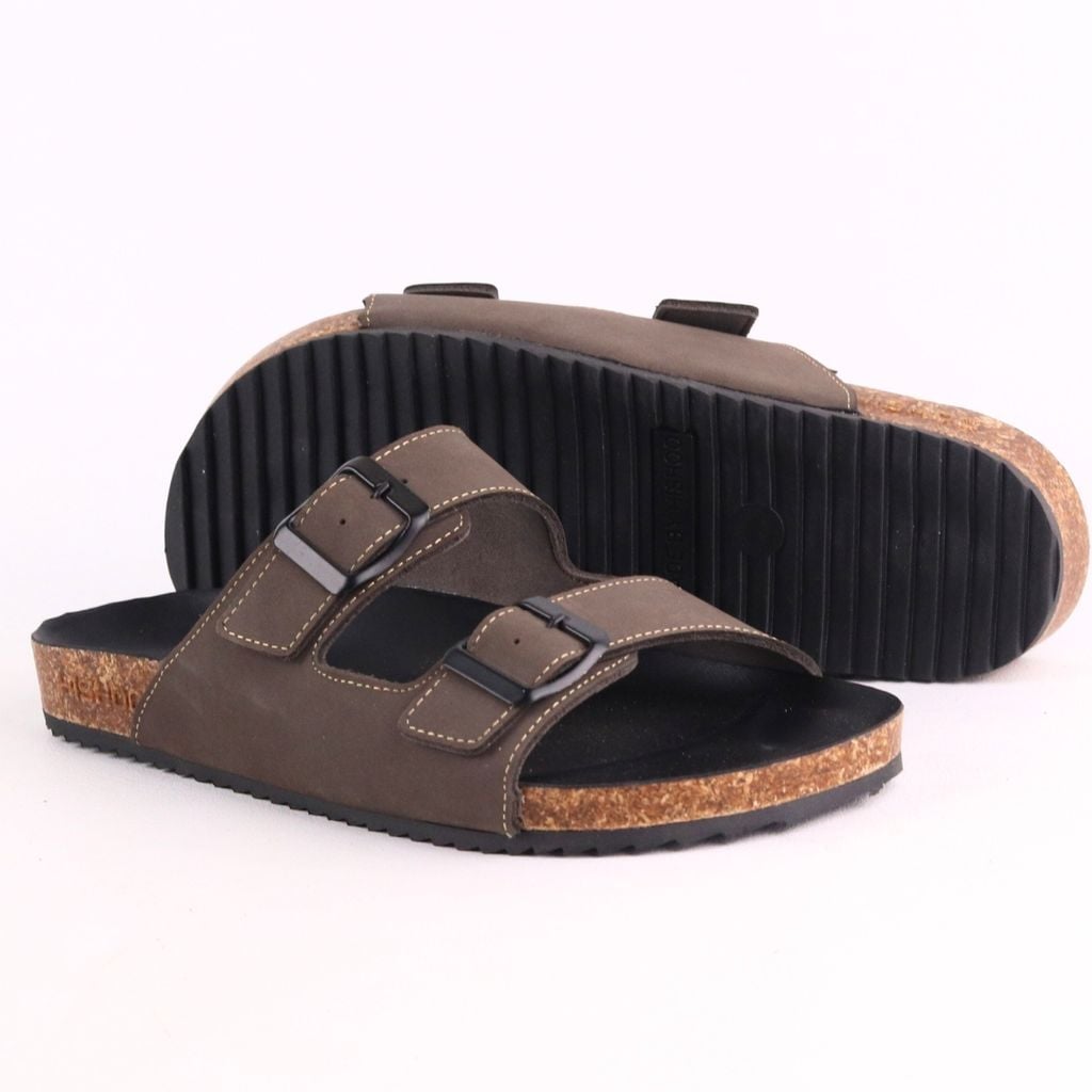 Dép đế trấu birken quai ngang 2 khoá MẶT ĐEN da bò HISHOO M093