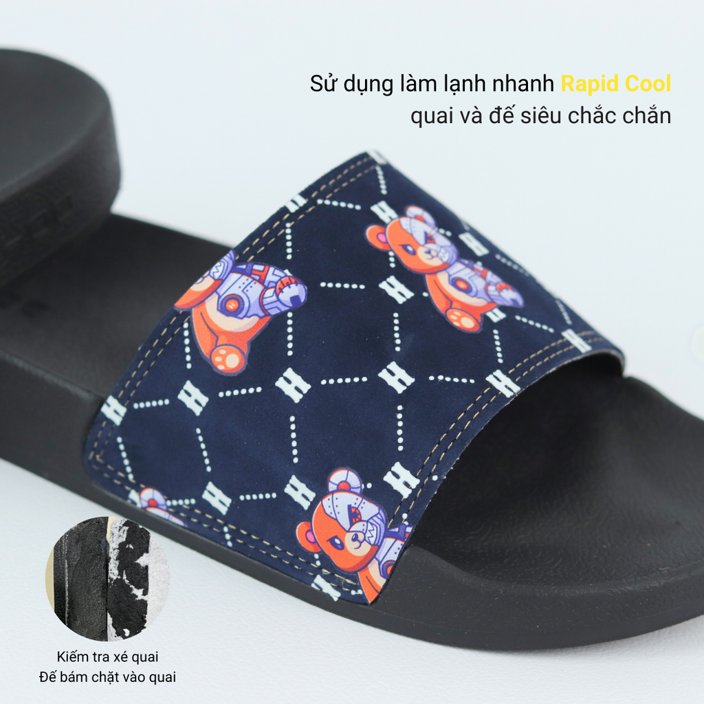 Dép quai ngang da bò Đen+Xanh Dương Gấu Bặm Trợn Monogram HISHOO U113