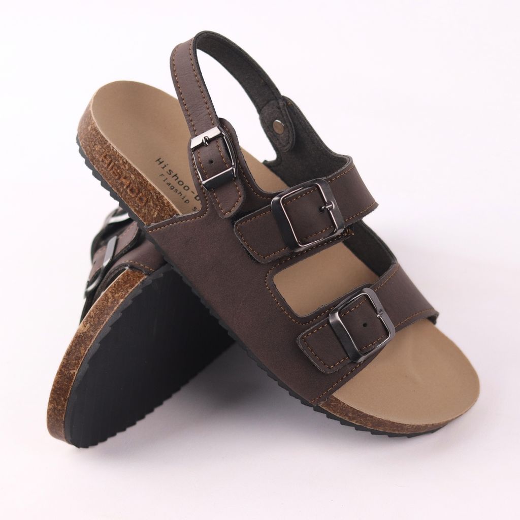 Dép đế trấu Sandal birken quai ngang 2 khoá da bò HISHOO M102
