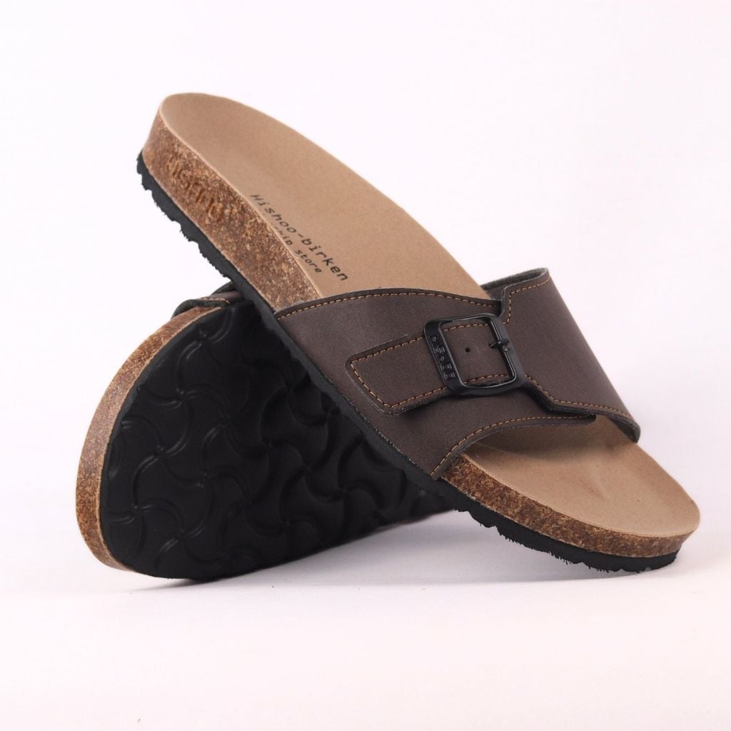 Dép đế trấu birken quai ngang 1 khoá da bò HISHOO M113