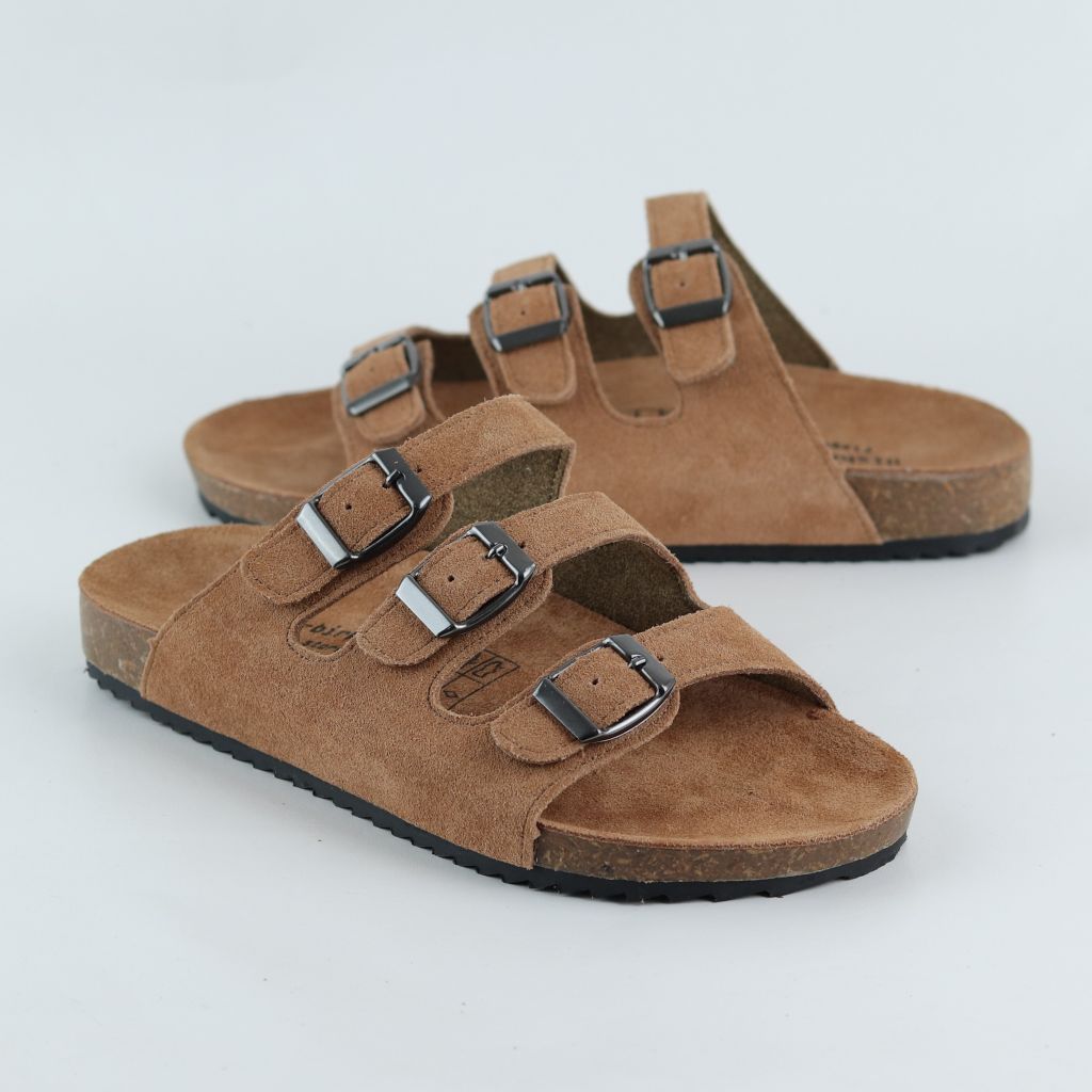 Dép đế trấu birken quai ngang 3 khoá da lộn HISHOO R092