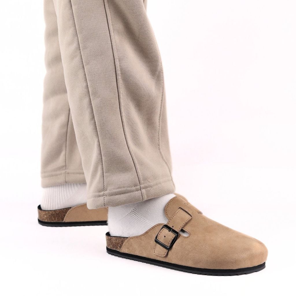 Dép đế trấu sục Boston Xám/ Kem/Bò quai ngang da lộn HISHOO R109