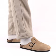 Dép đế trấu sục Boston Xám/ Kem/Bò quai ngang da lộn HISHOO R109