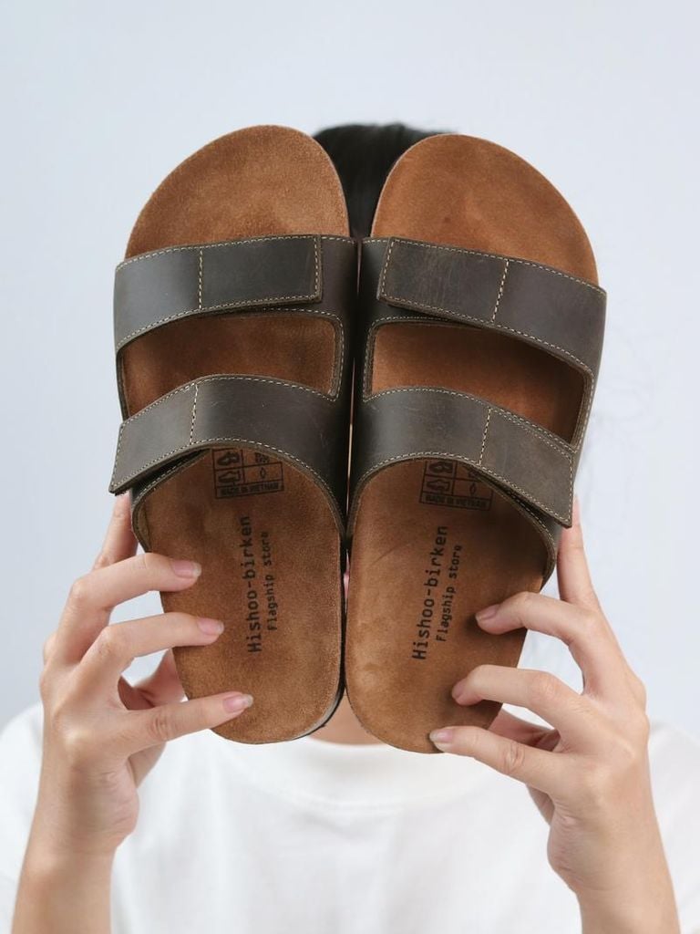 Dép đế trấu birken quai ngang xé dán da bò HISHOO M105