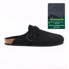 Dép đế trấu sục Boston quai ngang Đen da lộn HISHOO R109