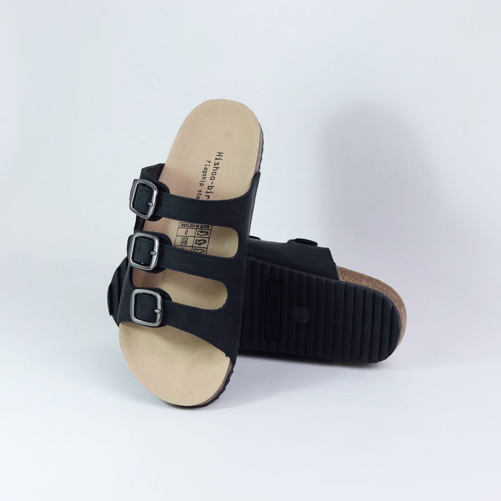 Dép đế trấu birken quai ngang 3 khoá da bò HISHOO M092