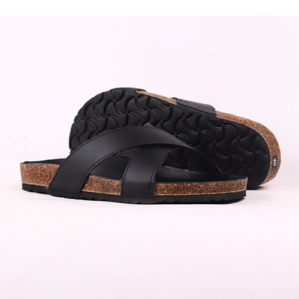 Dép đế trấu birken quai ngang chéo MẶT ĐEN da bò HISHOO M096