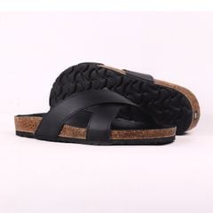 Dép đế trấu birken quai ngang chéo MẶT ĐEN da bò HISHOO M096