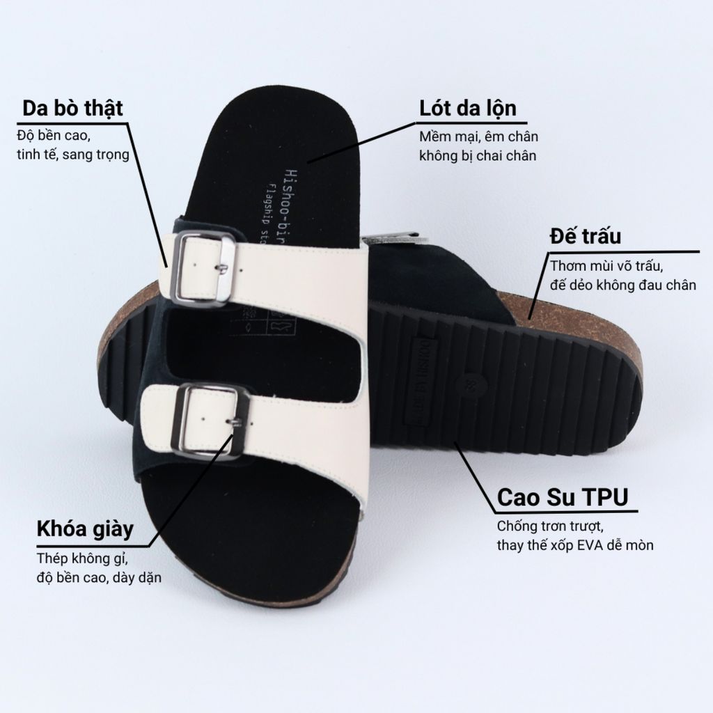 Dép đế trấu birken Da hiếm 2 khoá Hishoo M107