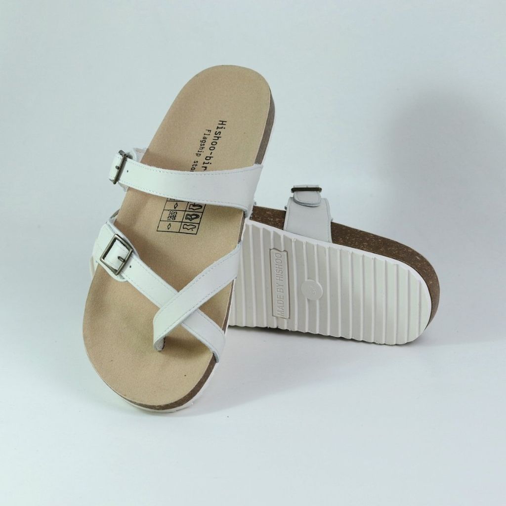 Dép đế trấu birken quai ngang xỏ ngón MẶT ĐEN da bò HISHOO M098