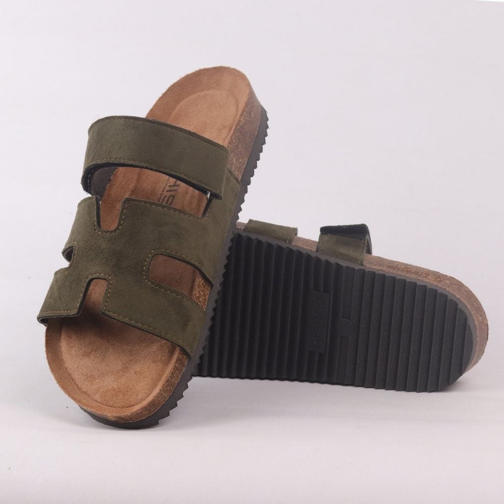 Dép đế trấu birken Chữ H Sandal quai ngang bản, da lộn premium HISHOO H104