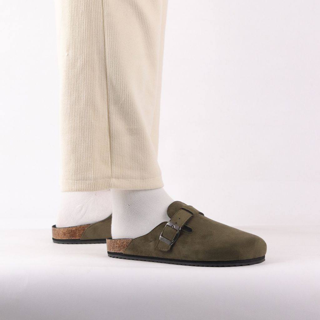 Dép đế trấu sục Boston quai ngang Rêu Olive da lộn  HISHOO R109