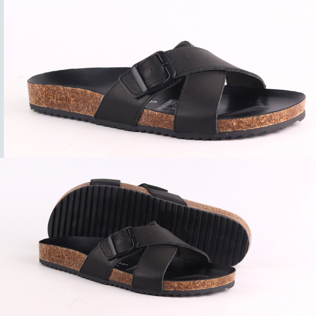 Dép đế trấu birken quai ngang chéo da bò [CÓ KHOÁ] HISHOO M096