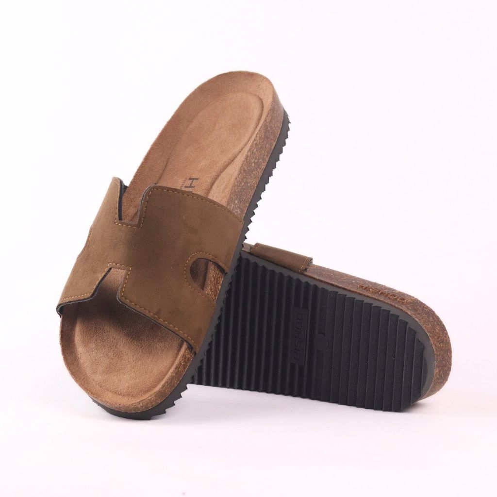 Dép đế trấu birken Chữ H da lộn premium HISHOO H095
