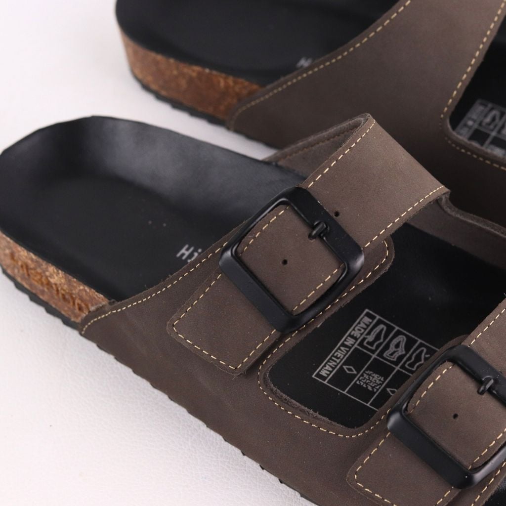Dép đế trấu birken quai ngang 2 khoá MẶT ĐEN da bò HISHOO M093