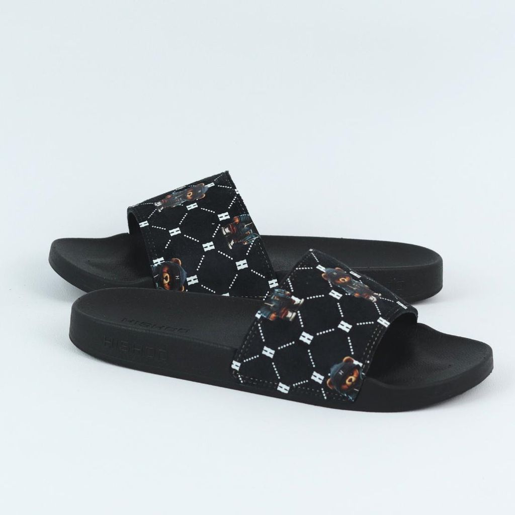 Dép quai ngang da bò lộn Đen+Xanh Dương Gấu Bí Lù Monogram HISHOO U113
